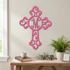 Personalized Initial Cross Metal Wall Art | Custom Monogram Christian Cross Decor | Ornate Faith Wall Hanging