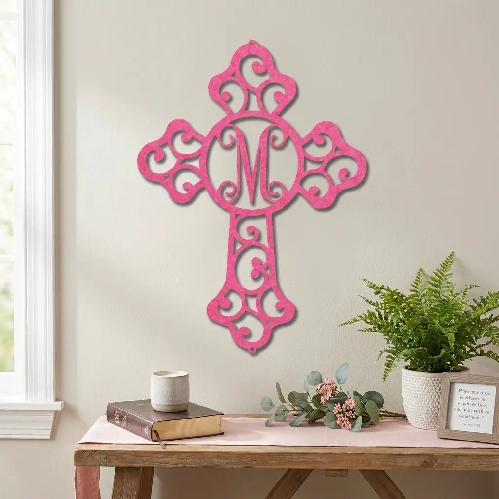 Personalized Initial Cross Metal Wall Art | Custom Monogram Christian Cross Decor | Ornate Faith Wall Hanging