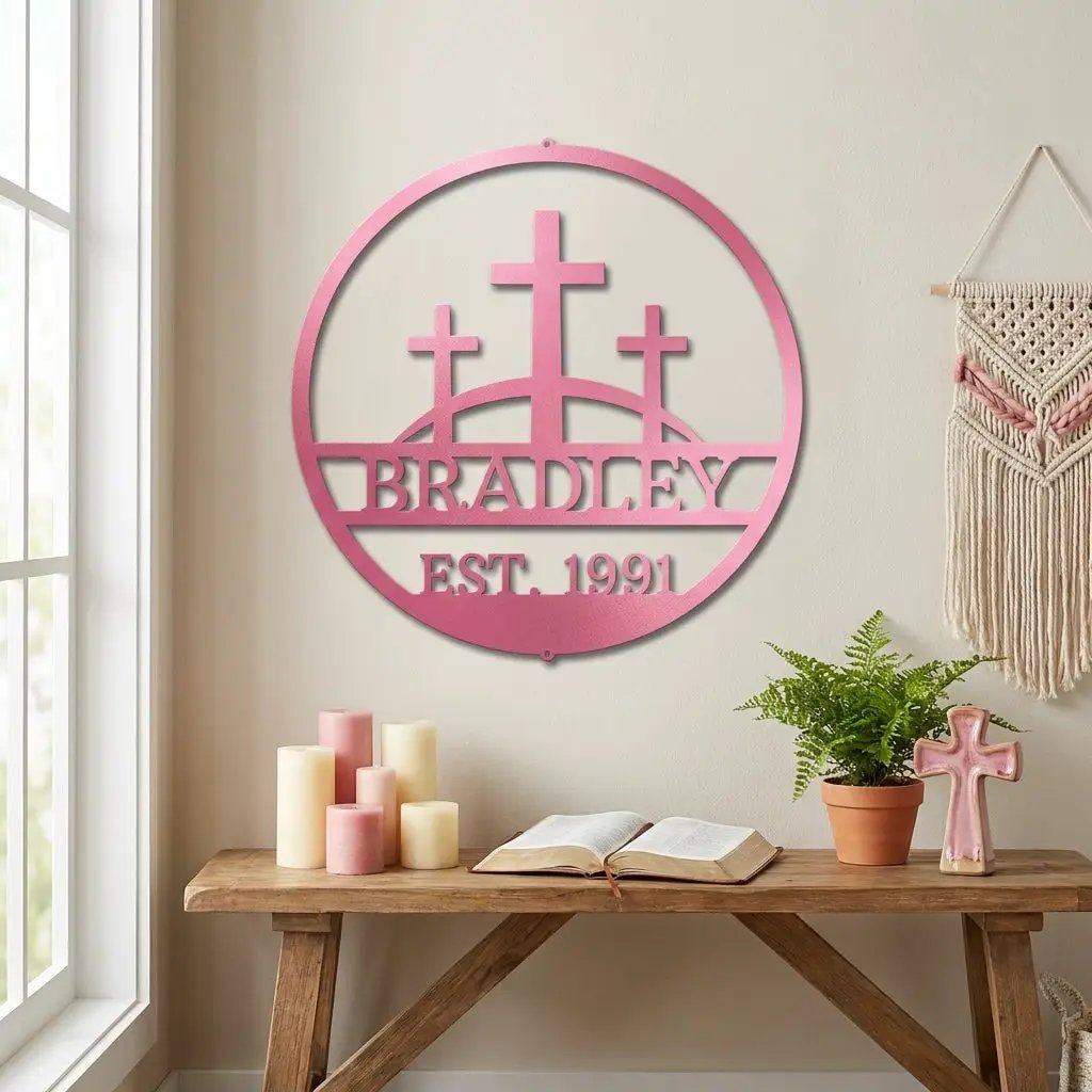 Personalized Three Crosses Metal Wall Art | Christian Family Name Sign | Faith Based Farmhouse Decor