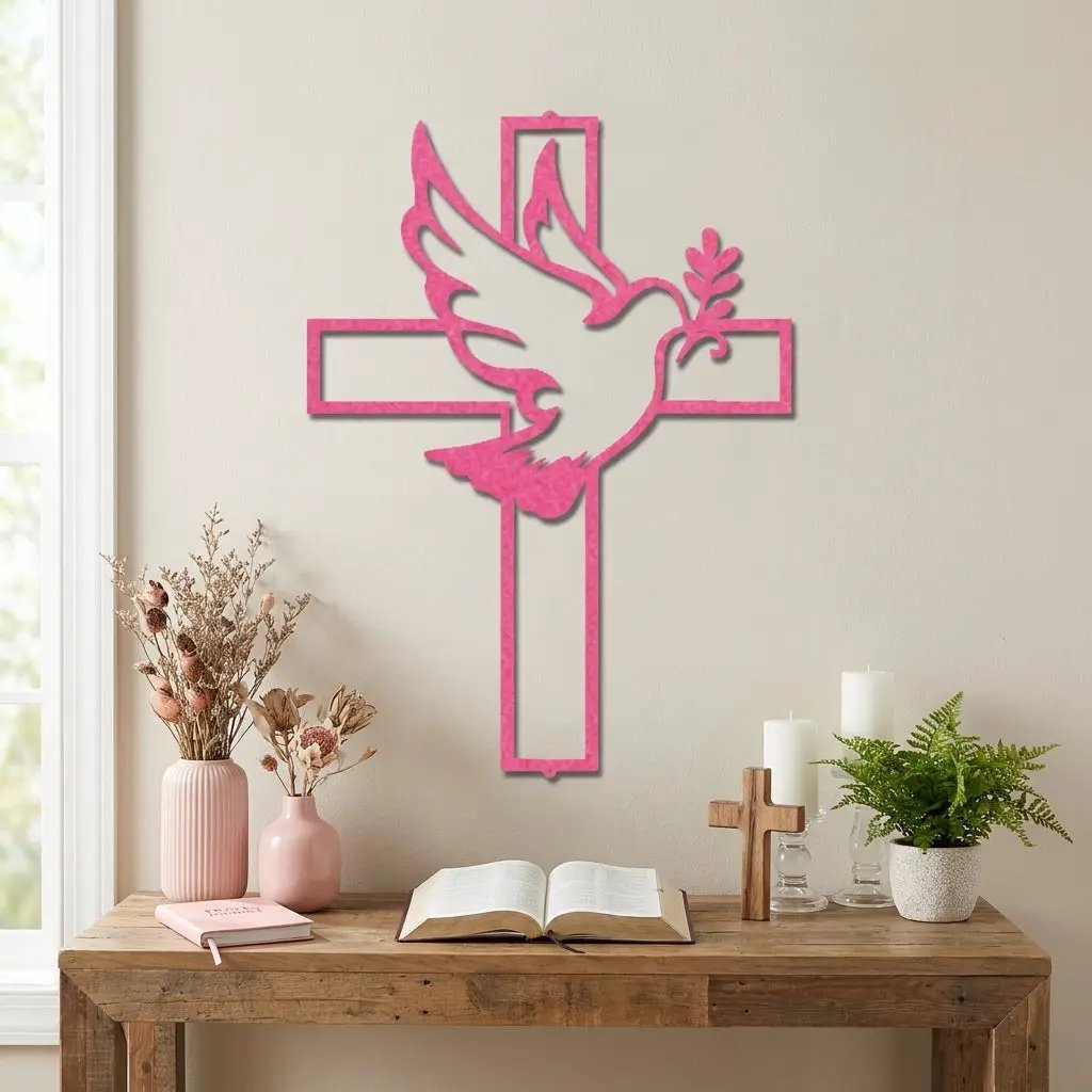 Dove Cross Metal Wall Art | Christian Holy Spirit Decor | Inspirational Religious Wall Hanging