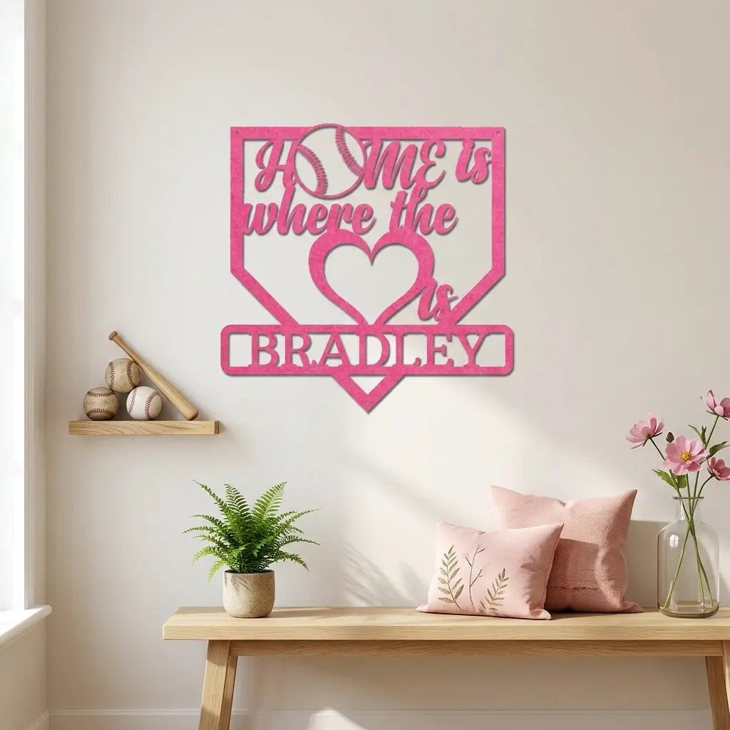 Personalized Baseball Home Plate Metal Wall Art | Custom Family Name Baseball Sign | Baseball Lover Home Decor