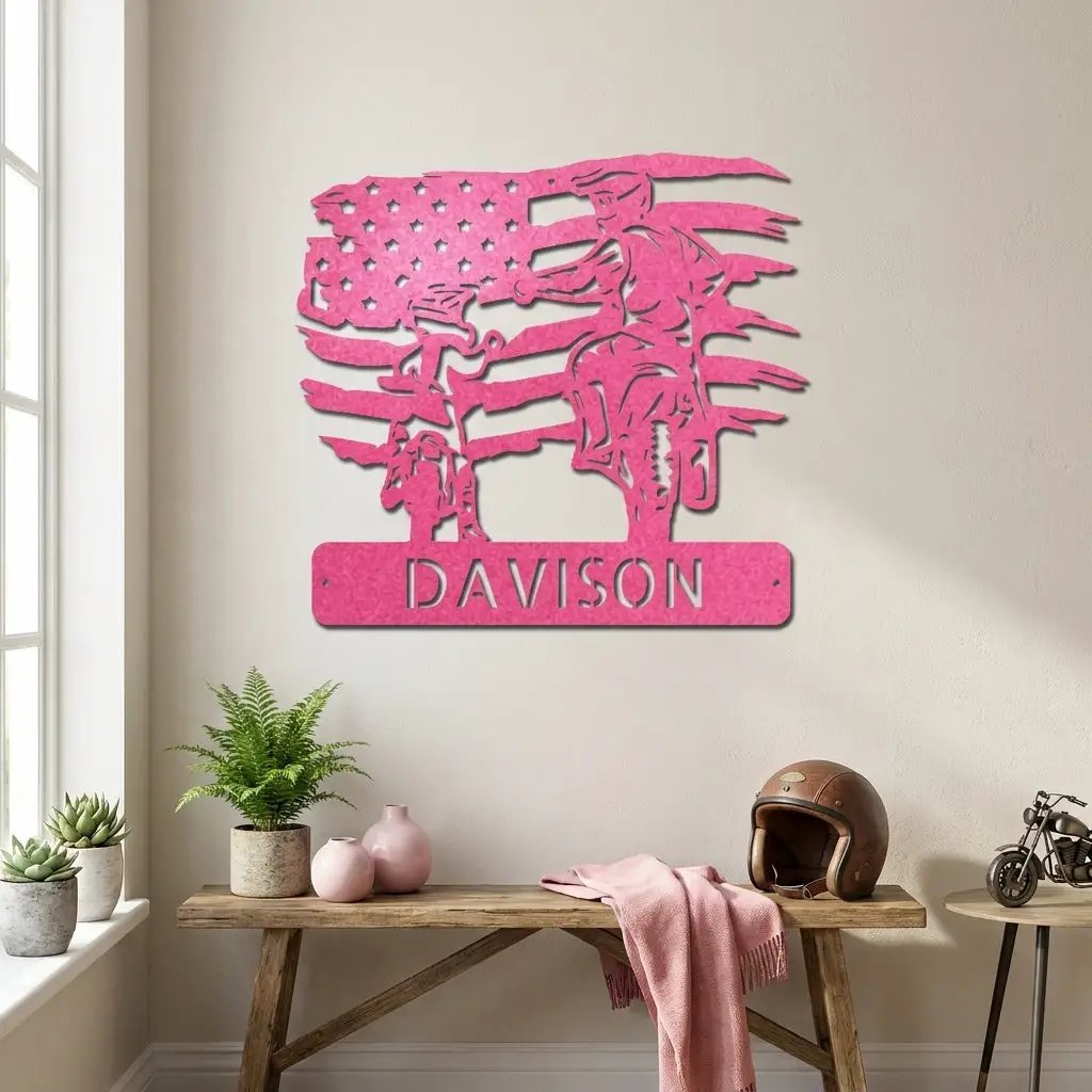 Personalized American Father & Son Motorcycle Metal Wall Art | Patriotic Biker Family Sign | Custom USA Motorcycle Decor