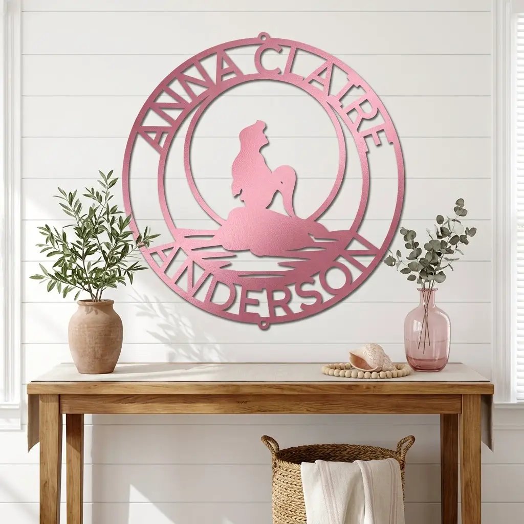Personalized Mermaid Metal Wall Art Sign – Custom Name Steel Wall Decor for Girls Room – Ocean Themed Nursery and Bedroom Decor