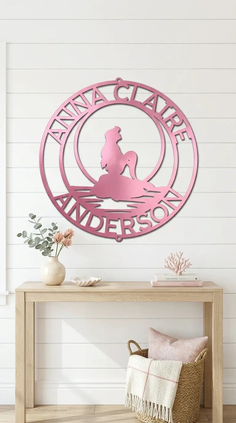 Personalized Mermaid Metal Wall Art Sign – Custom Name Steel Wall Decor for Girls Room – Ocean Themed Nursery and Bedroom Decor