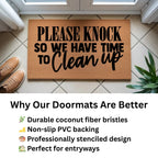 Funny “Please Knock So We Have Time to Clean Up” Doormat | Relatable Coir Welcome Mat for Families | Real-Life Humor Front Porch Décor