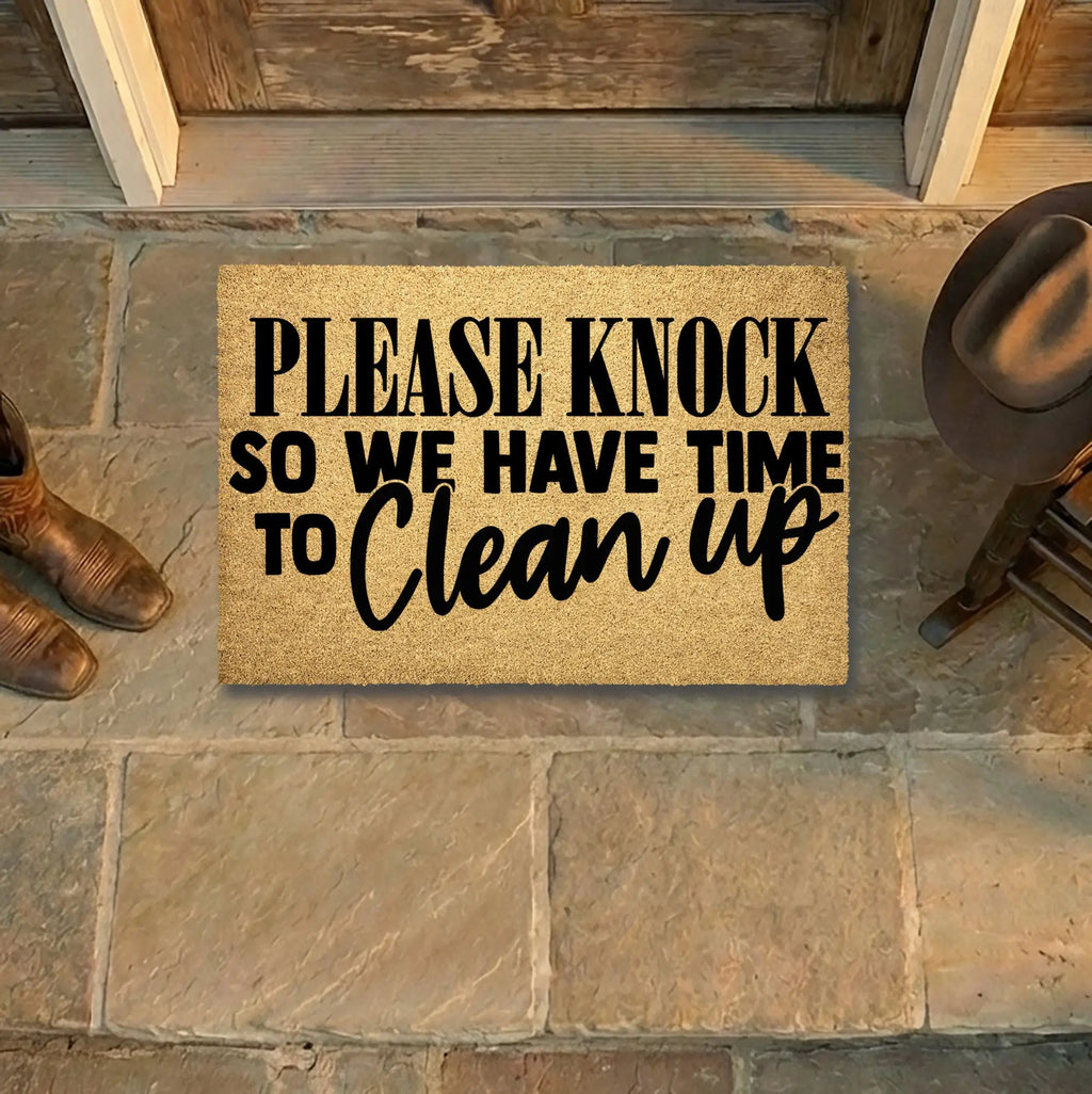 Funny “Please Knock So We Have Time to Clean Up” Doormat | Relatable Coir Welcome Mat for Families | Real-Life Humor Front Porch Décor