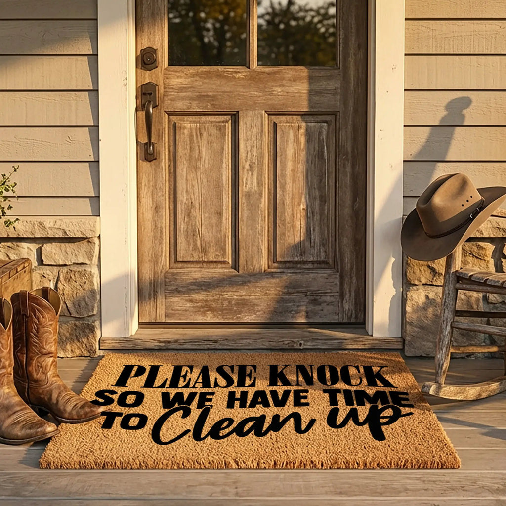 Funny “Please Knock So We Have Time to Clean Up” Doormat | Relatable Coir Welcome Mat for Families | Real-Life Humor Front Porch Décor