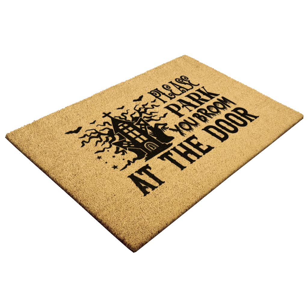 Please Park Your Broom at the Door Coir Doormat – Funny Witch Halloween Welcome Mat | Haunted House Front Porch Decor | Spooky Fall Entry Rug