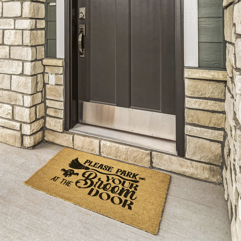 Please Park Your Broom at the Door Coir Doormat – Witchy Halloween Welcome Mat | Funny Fall Porch Decor | Rustic Farmhouse Entryway Rug