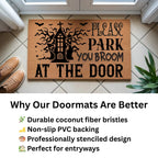 Please Park Your Broom at the Door Coir Doormat – Funny Witch Halloween Welcome Mat | Haunted House Front Porch Decor | Spooky Fall Entry Rug