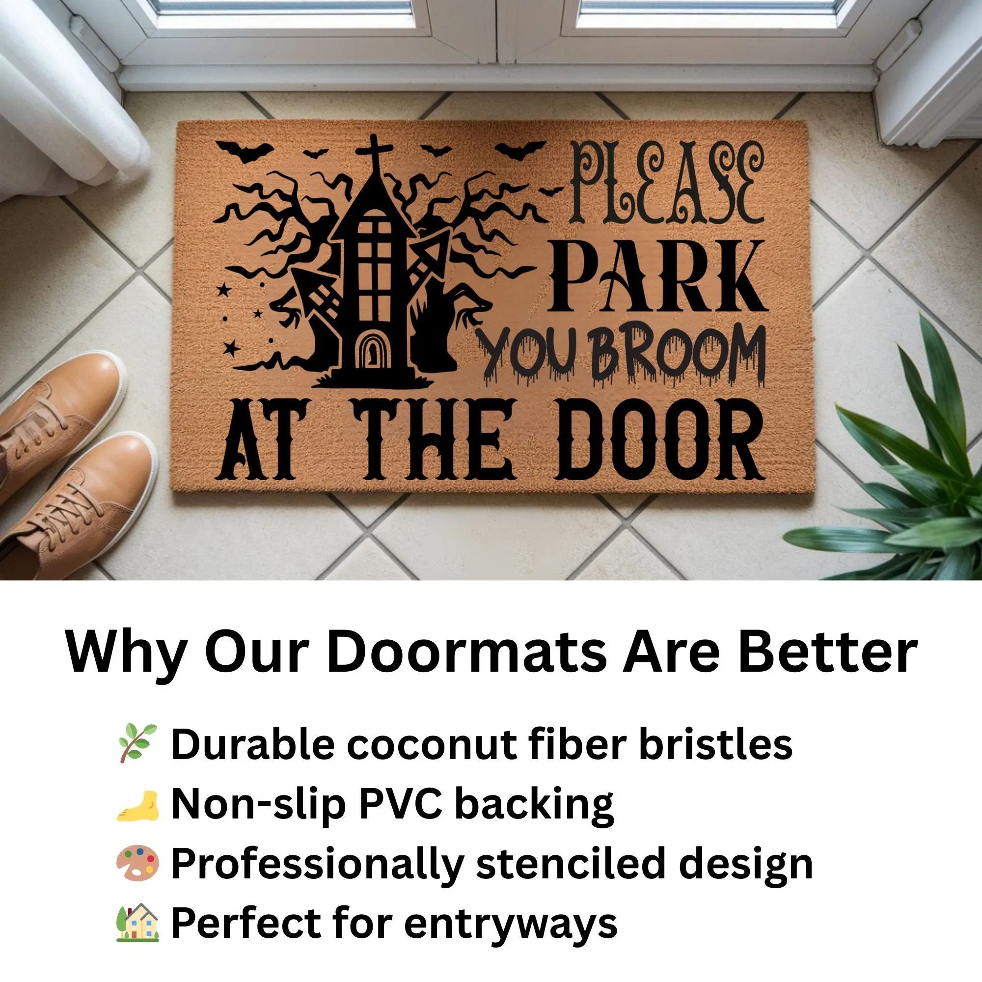 Please Park Your Broom at the Door Coir Doormat – Funny Witch Halloween Welcome Mat | Haunted House Front Porch Decor | Spooky Fall Entry Rug