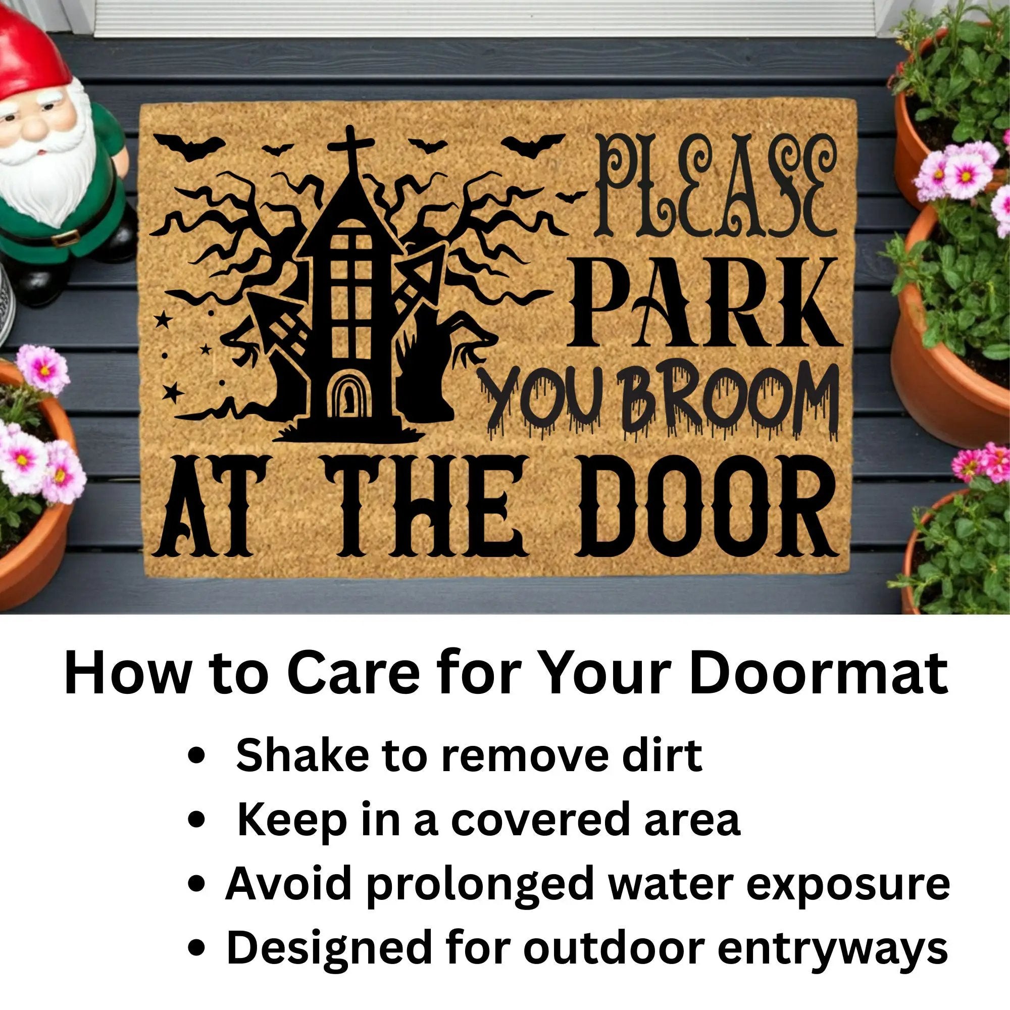 Please Park Your Broom at the Door Coir Doormat – Funny Witch Halloween Welcome Mat | Haunted House Front Porch Decor | Spooky Fall Entry Rug
