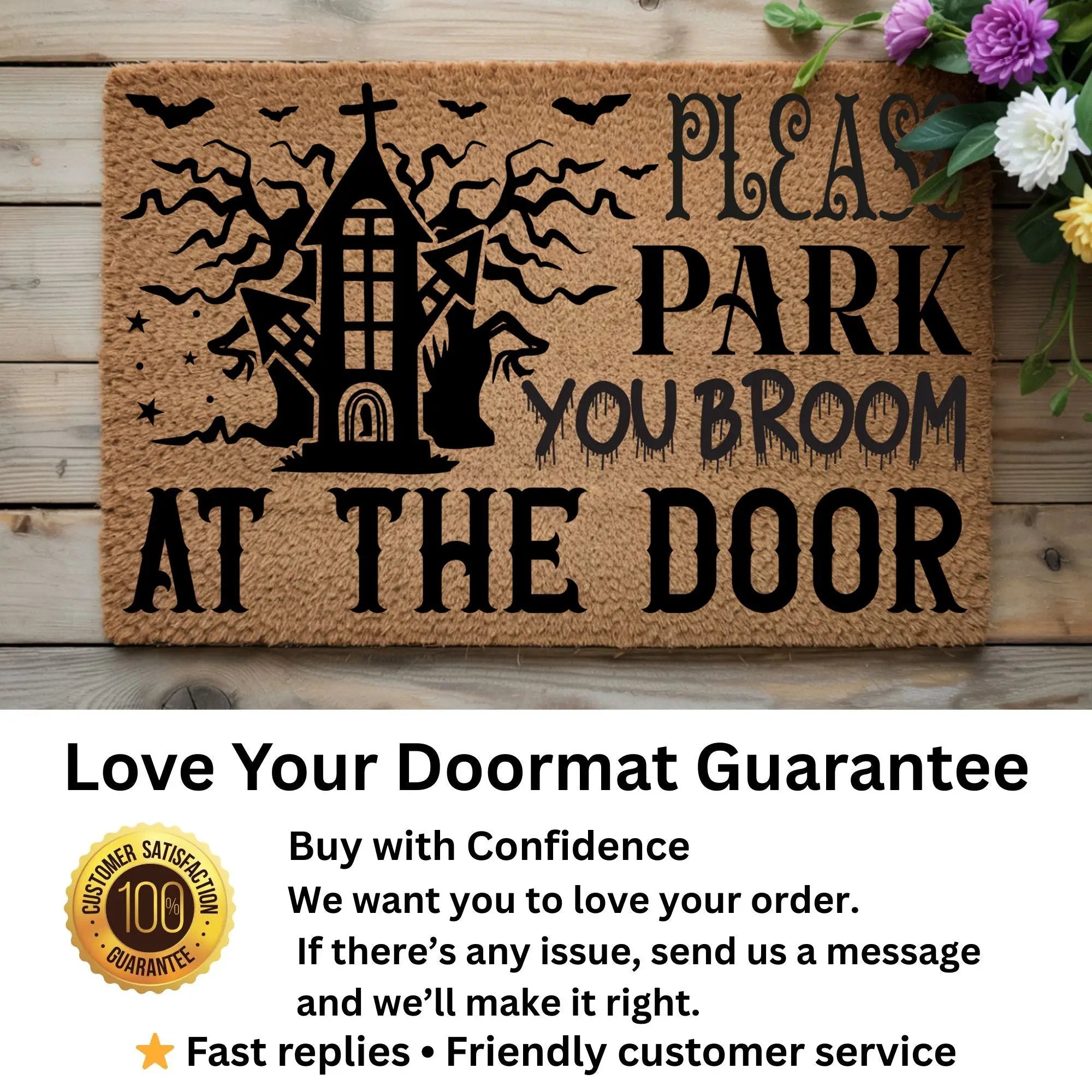 Please Park Your Broom at the Door Coir Doormat – Funny Witch Halloween Welcome Mat | Haunted House Front Porch Decor | Spooky Fall Entry Rug