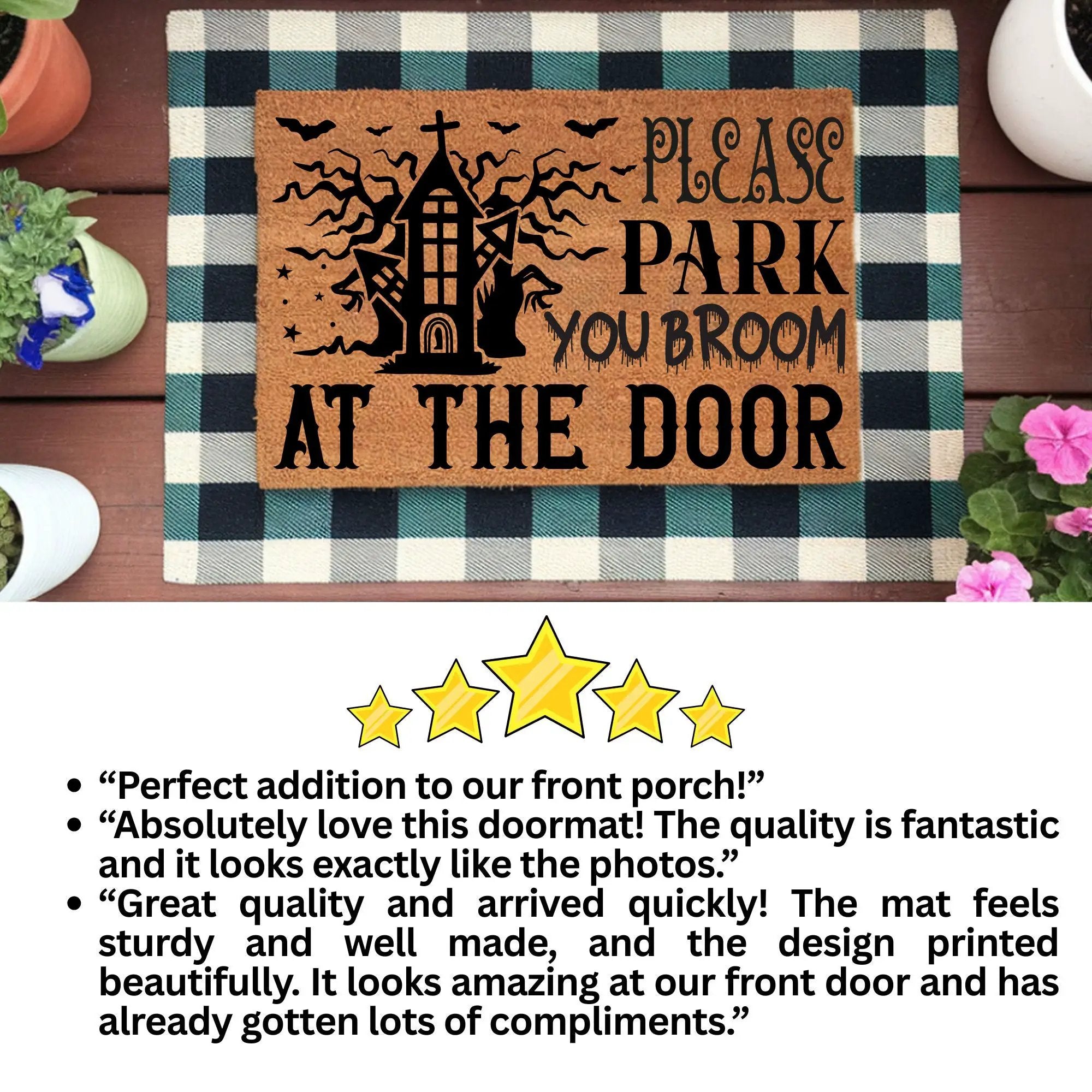 Please Park Your Broom at the Door Coir Doormat – Funny Witch Halloween Welcome Mat | Haunted House Front Porch Decor | Spooky Fall Entry Rug