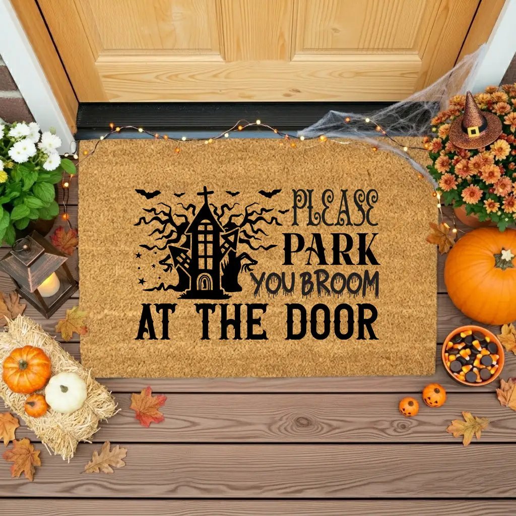 Please Park Your Broom at the Door Coir Doormat – Funny Witch Halloween Welcome Mat | Haunted House Front Porch Decor | Spooky Fall Entry Rug