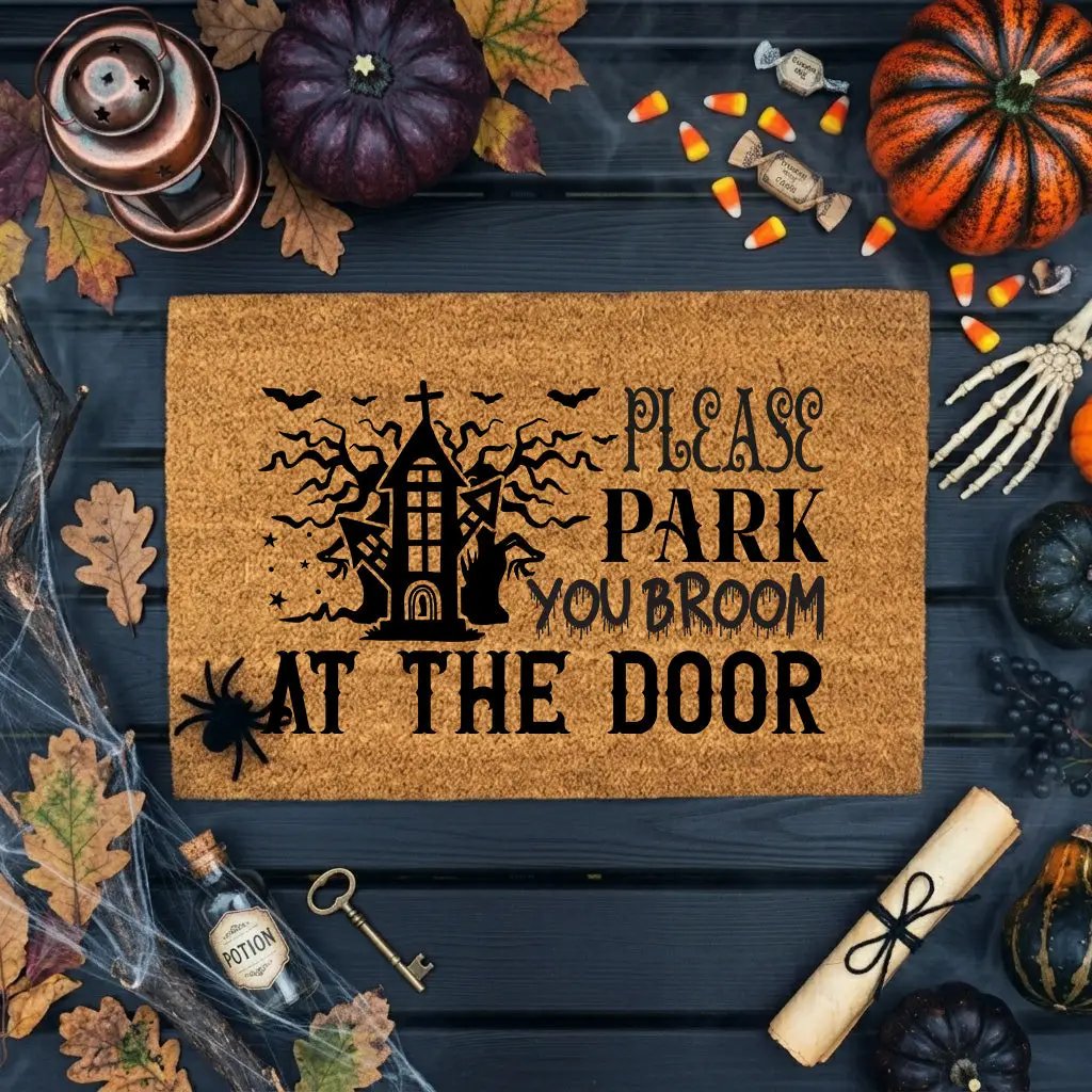 Please Park Your Broom at the Door Coir Doormat – Funny Witch Halloween Welcome Mat | Haunted House Front Porch Decor | Spooky Fall Entry Rug