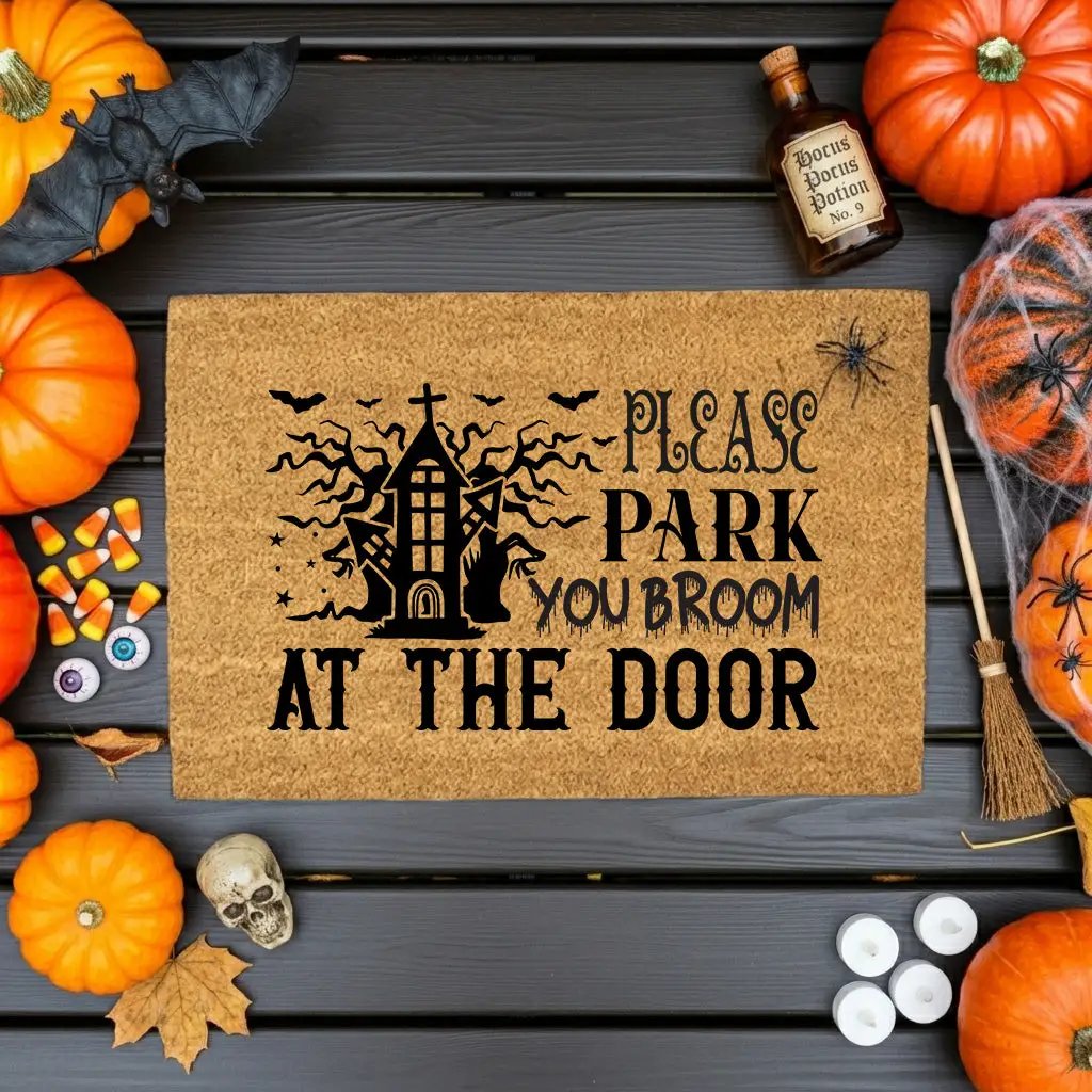 Please Park Your Broom at the Door Coir Doormat – Funny Witch Halloween Welcome Mat | Haunted House Front Porch Decor | Spooky Fall Entry Rug