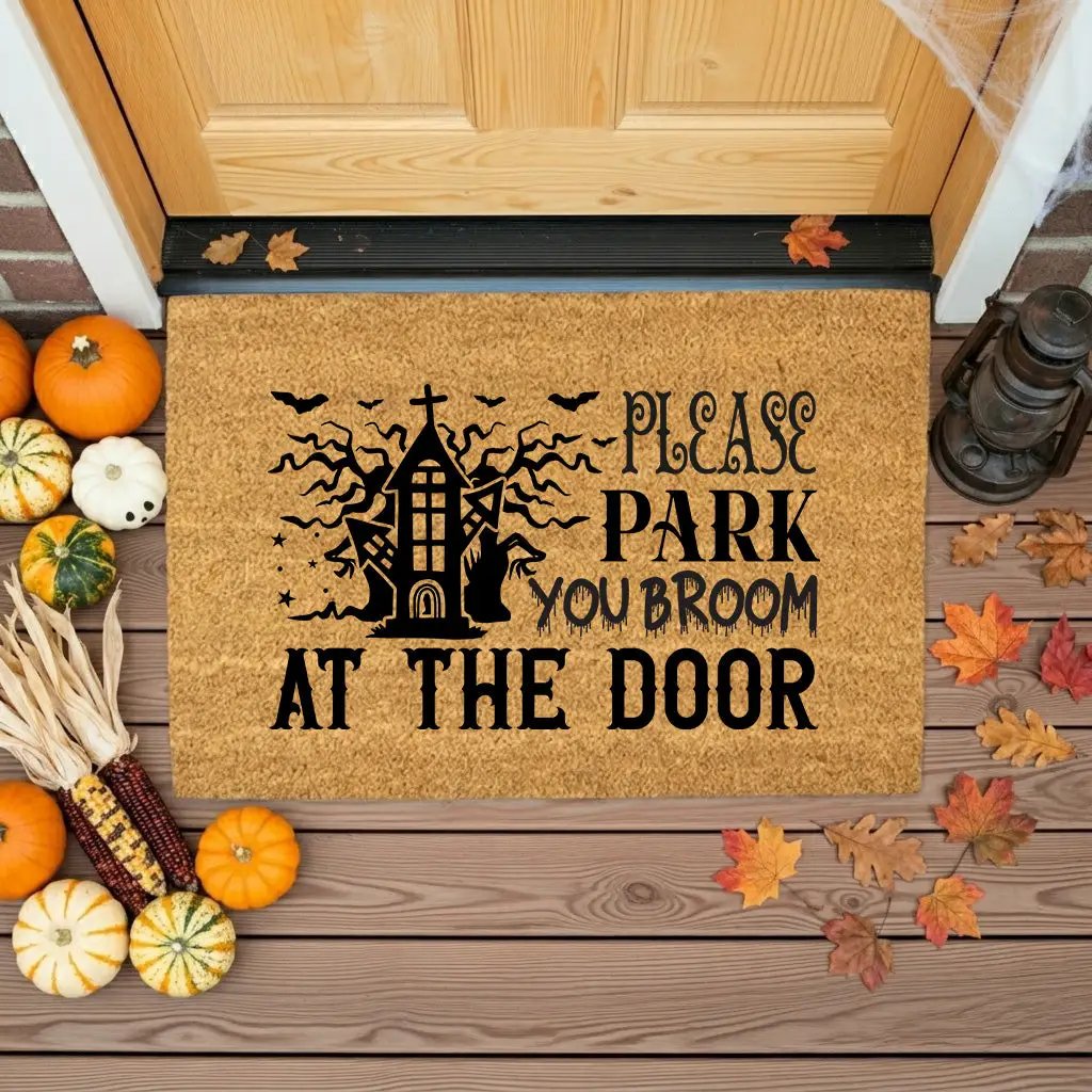 Please Park Your Broom at the Door Coir Doormat – Funny Witch Halloween Welcome Mat | Haunted House Front Porch Decor | Spooky Fall Entry Rug