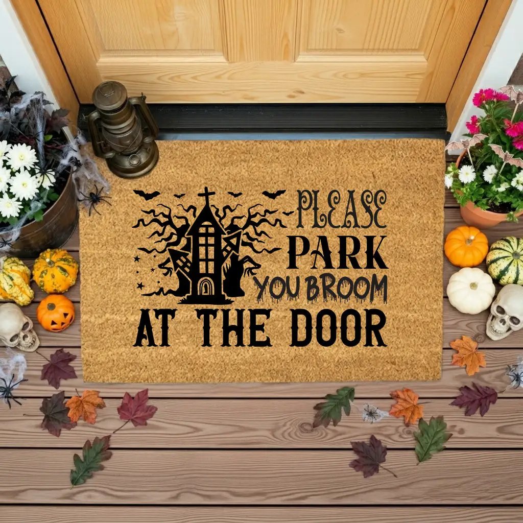 Please Park Your Broom at the Door Coir Doormat – Funny Witch Halloween Welcome Mat | Haunted House Front Porch Decor | Spooky Fall Entry Rug