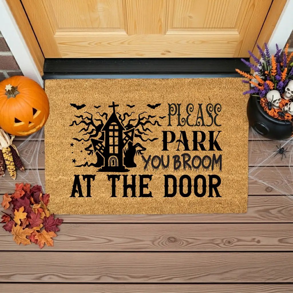 Please Park Your Broom at the Door Coir Doormat – Funny Witch Halloween Welcome Mat | Haunted House Front Porch Decor | Spooky Fall Entry Rug