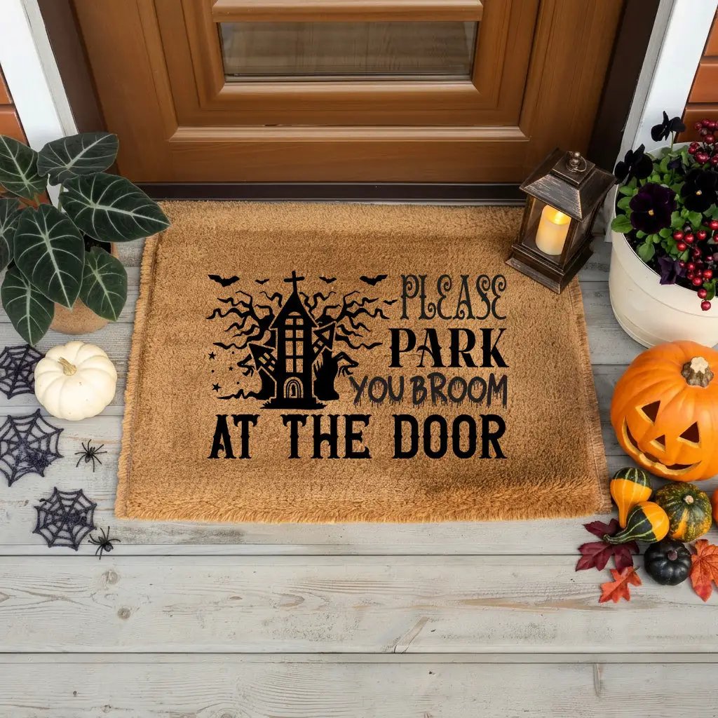 Please Park Your Broom at the Door Coir Doormat – Funny Witch Halloween Welcome Mat | Haunted House Front Porch Decor | Spooky Fall Entry Rug