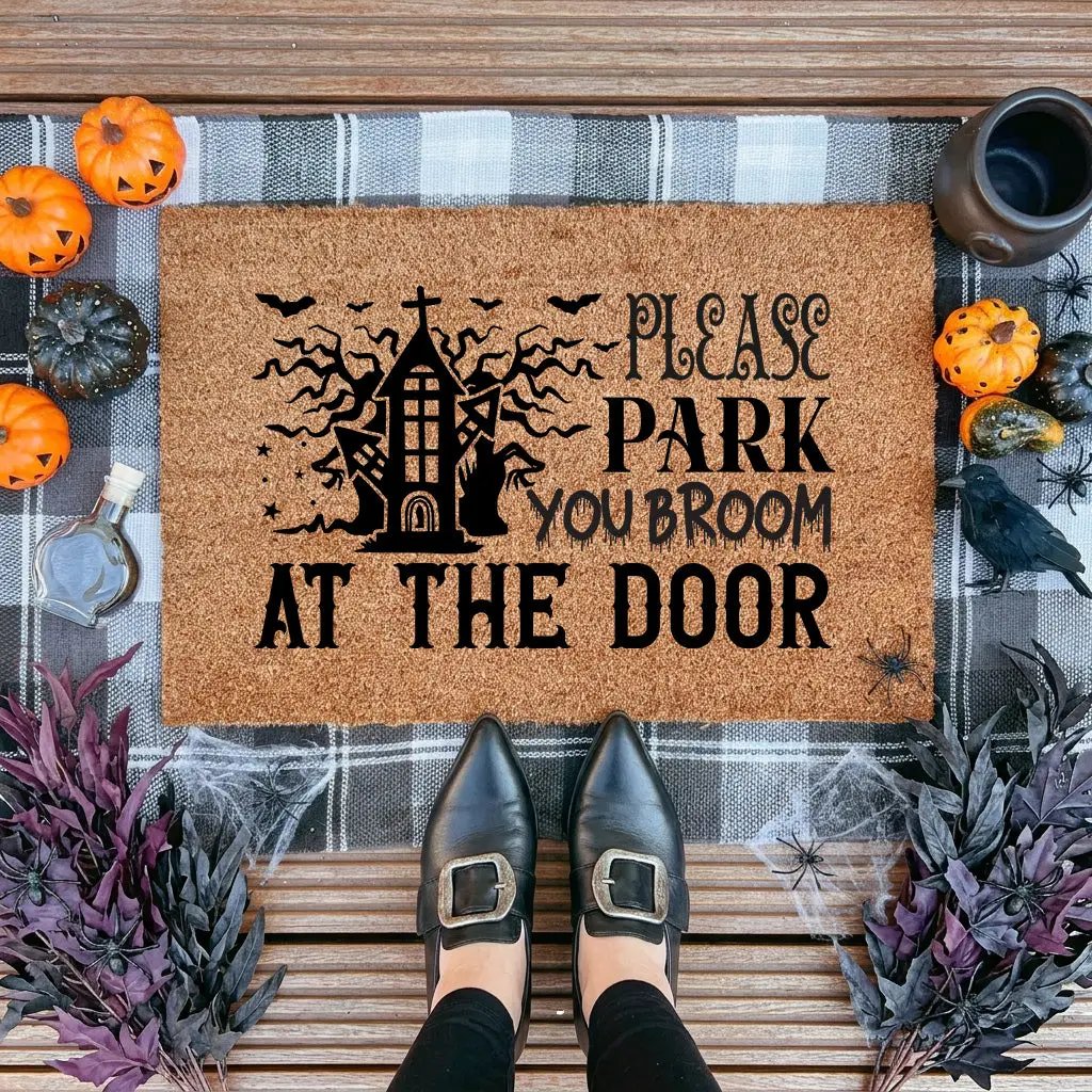 Please Park Your Broom at the Door Coir Doormat – Funny Witch Halloween Welcome Mat | Haunted House Front Porch Decor | Spooky Fall Entry Rug