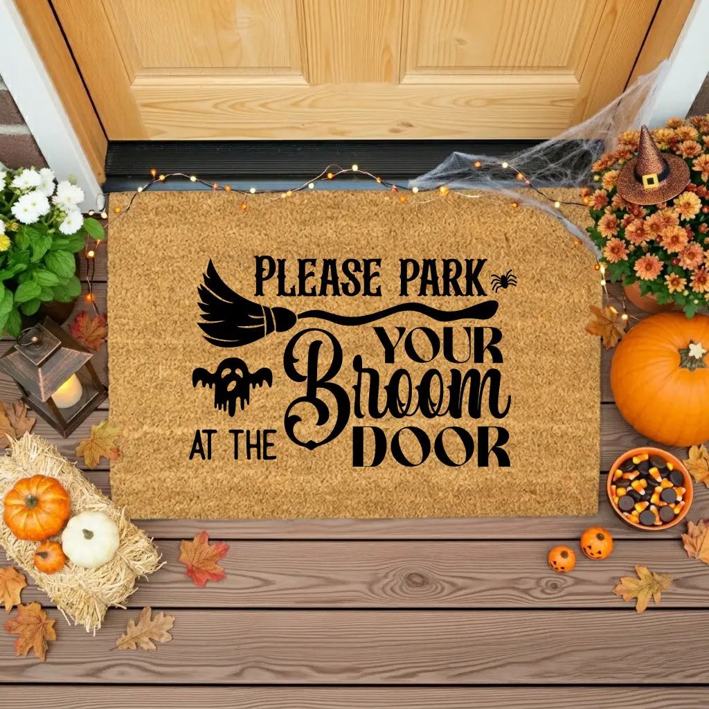 Please Park Your Broom at the Door Coir Doormat – Witchy Halloween Welcome Mat | Funny Fall Porch Decor | Rustic Farmhouse Entryway Rug