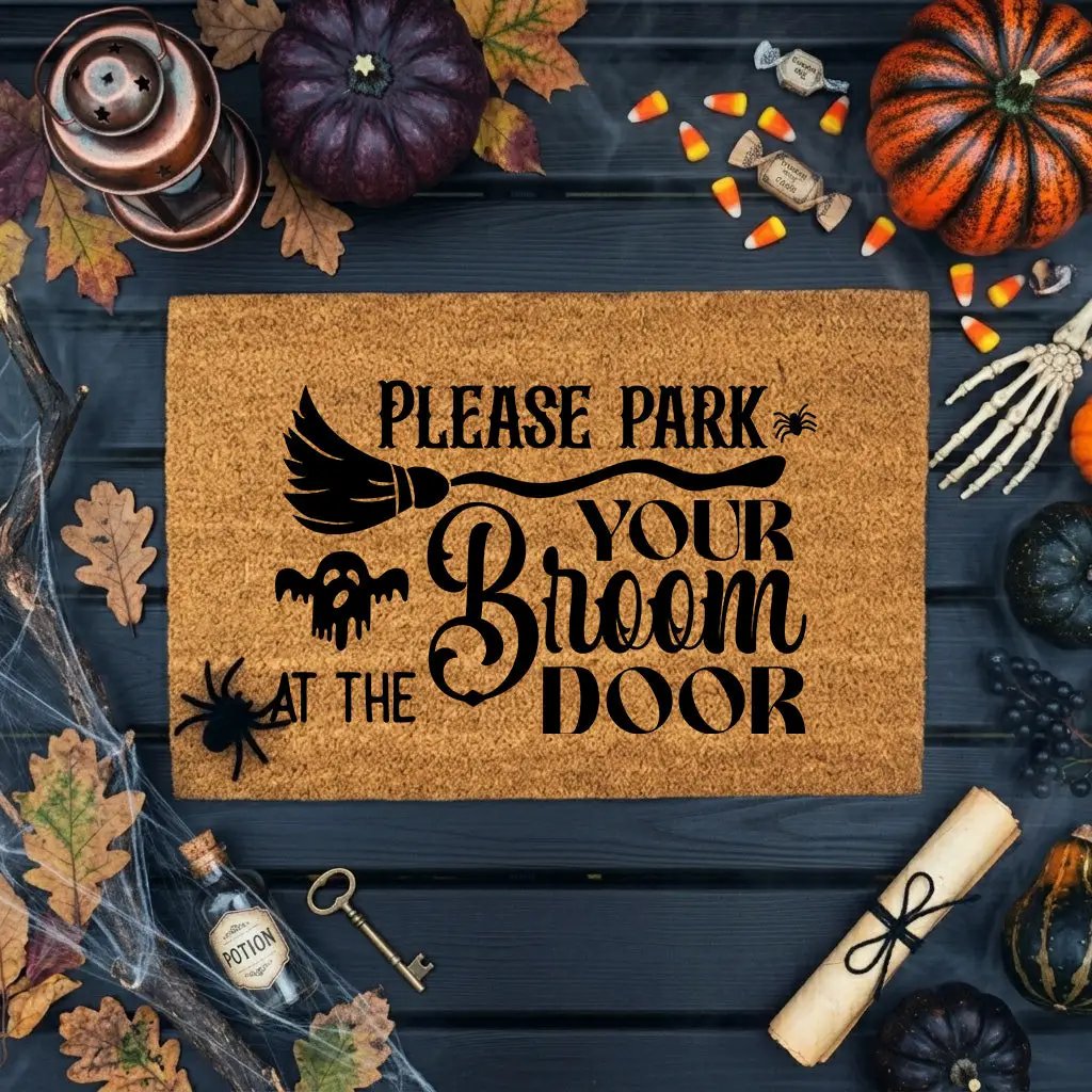 Please Park Your Broom at the Door Coir Doormat – Witchy Halloween Welcome Mat | Funny Fall Porch Decor | Rustic Farmhouse Entryway Rug