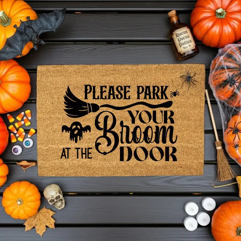 Please Park Your Broom at the Door Coir Doormat – Witchy Halloween Welcome Mat | Funny Fall Porch Decor | Rustic Farmhouse Entryway Rug