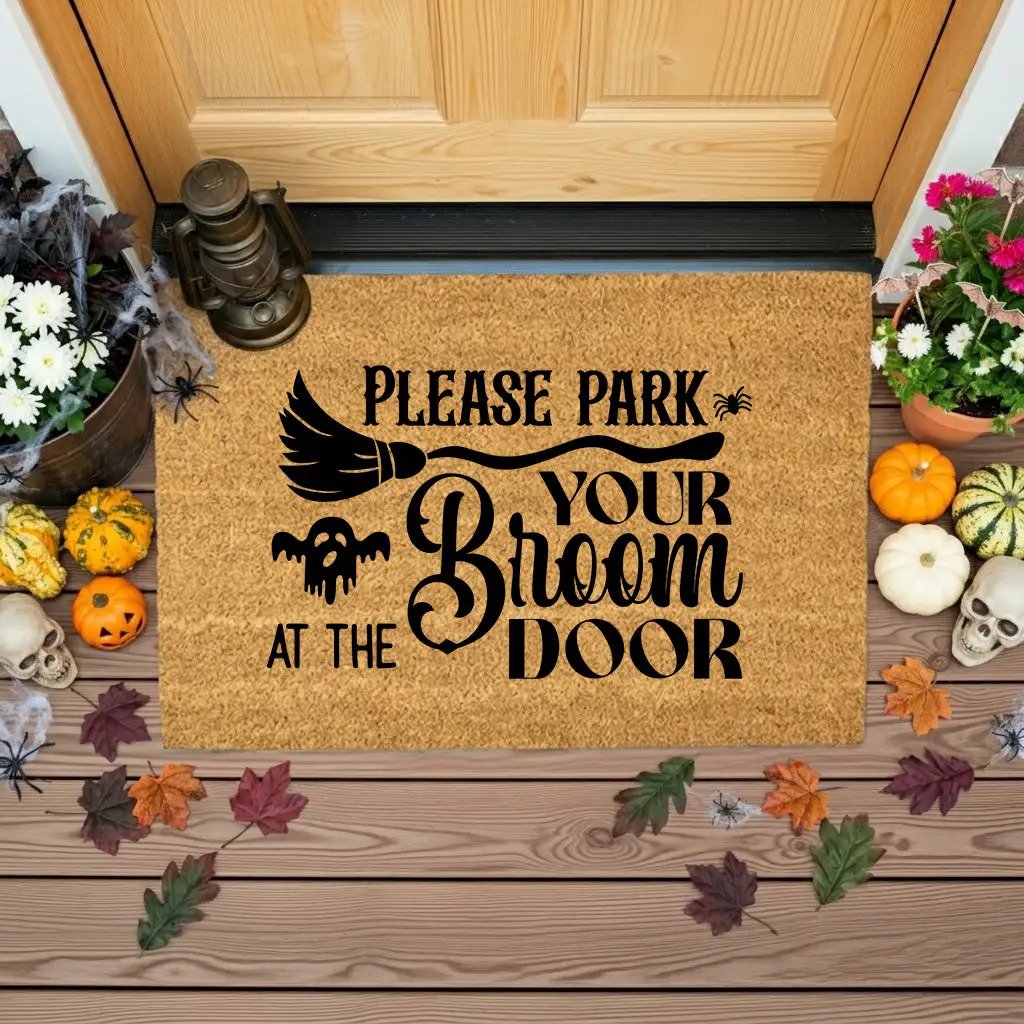 Please Park Your Broom at the Door Coir Doormat – Witchy Halloween Welcome Mat | Funny Fall Porch Decor | Rustic Farmhouse Entryway Rug