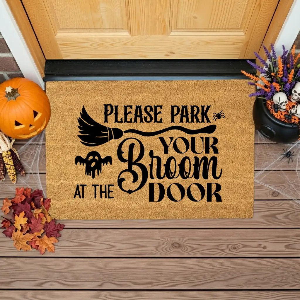 Please Park Your Broom at the Door Coir Doormat – Witchy Halloween Welcome Mat | Funny Fall Porch Decor | Rustic Farmhouse Entryway Rug