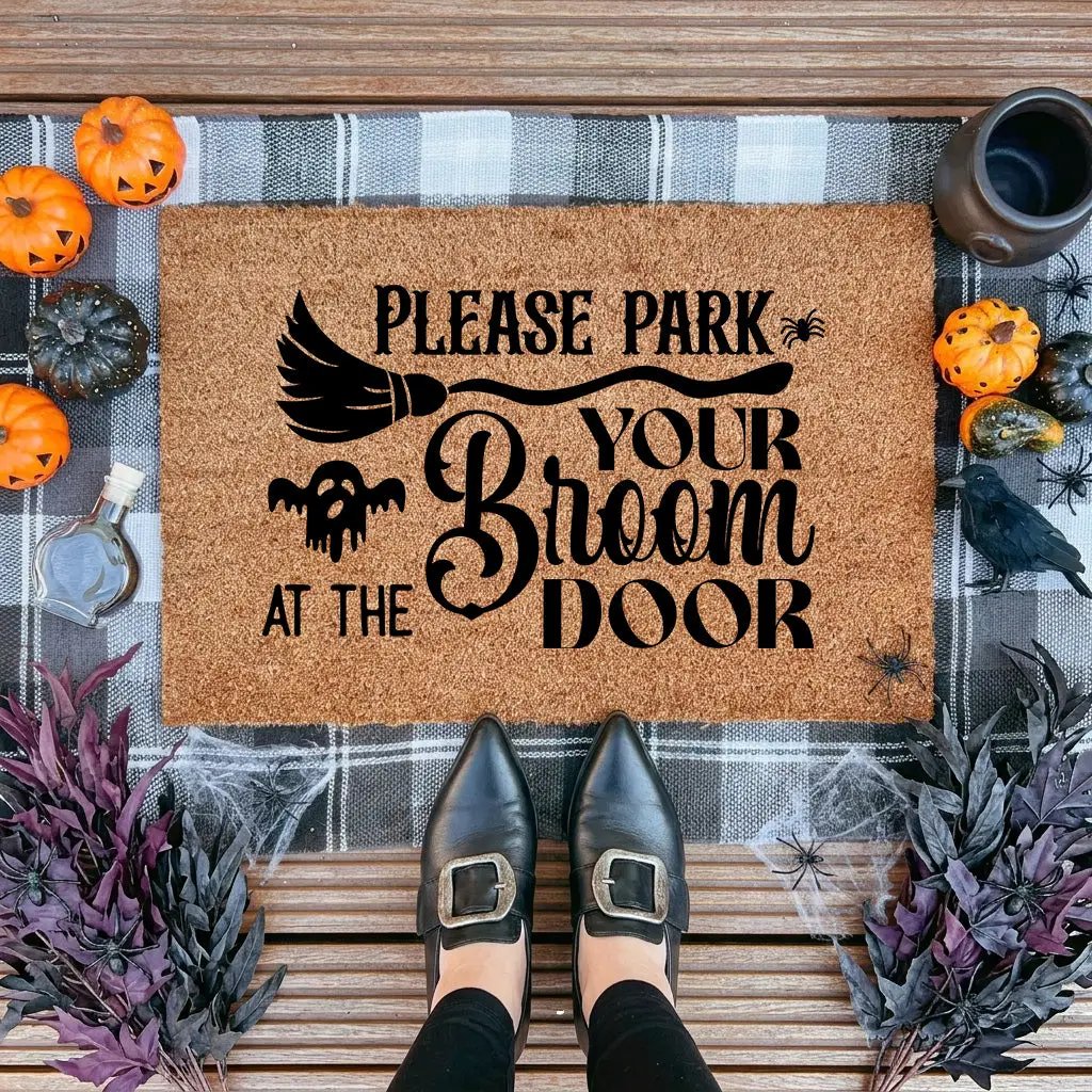 Please Park Your Broom at the Door Coir Doormat – Witchy Halloween Welcome Mat | Funny Fall Porch Decor | Rustic Farmhouse Entryway Rug