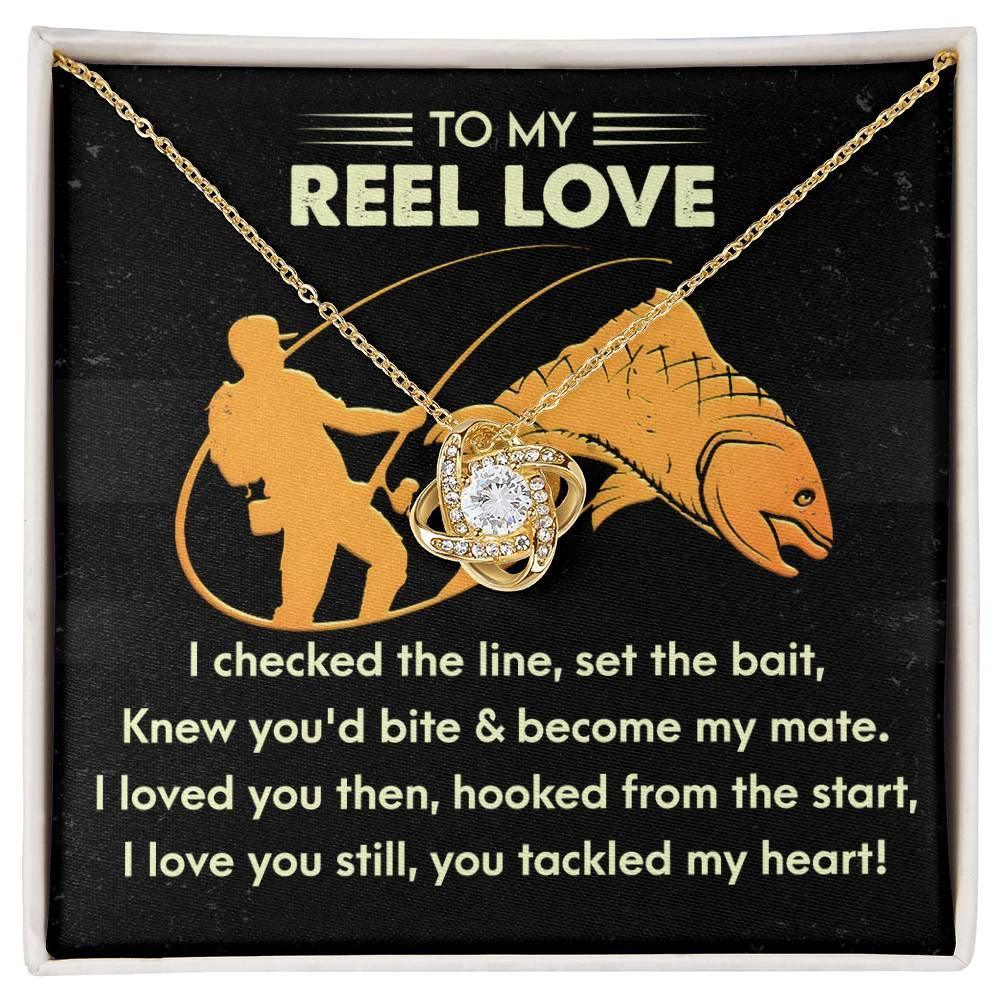 To My Reel Love - Gift for Soulmate - Tackled My Heart - Fishing Themed Message Card with Love Knot Pendant Necklace