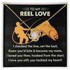 To My Reel Love - Gift for Soulmate - Tackled My Heart - Fishing Themed Message Card with Love Knot Pendant Necklace