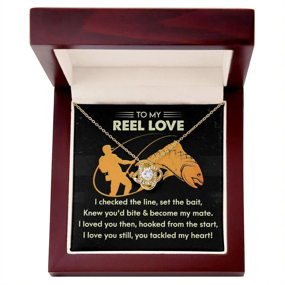 To My Reel Love - Gift for Soulmate - Tackled My Heart - Fishing Themed Message Card with Love Knot Pendant Necklace
