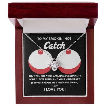 Funny & Romantic Gift for Soulmate - 'Smokin' Hot Catch' Love Knot Necklace and Message Card