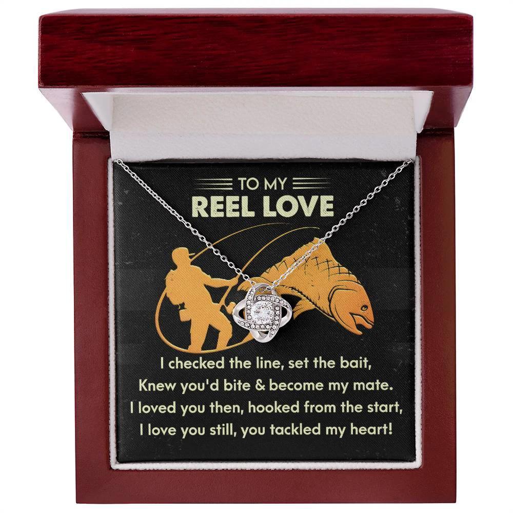 To My Reel Love - Gift for Soulmate - Tackled My Heart - Fishing Themed Message Card with Love Knot Pendant Necklace
