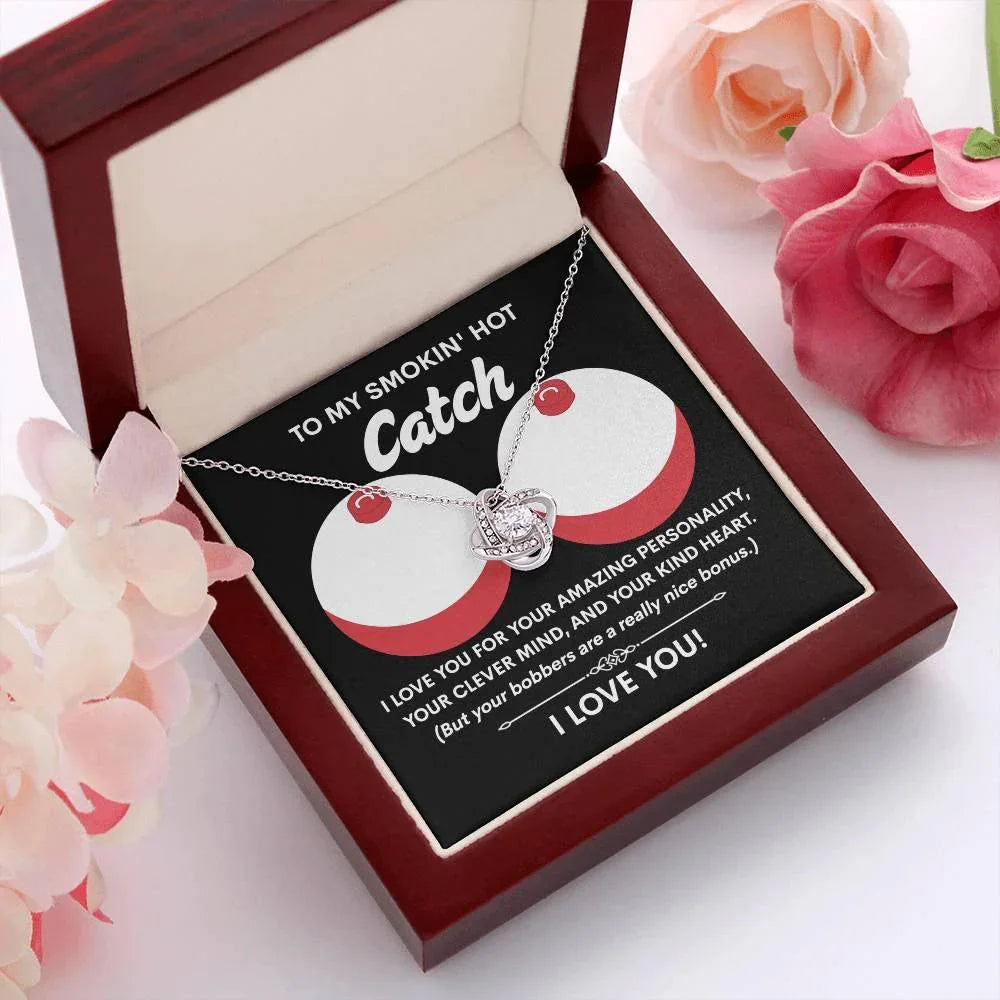 Funny & Romantic Gift for Soulmate - 'Smokin' Hot Catch' Love Knot Necklace and Message Card