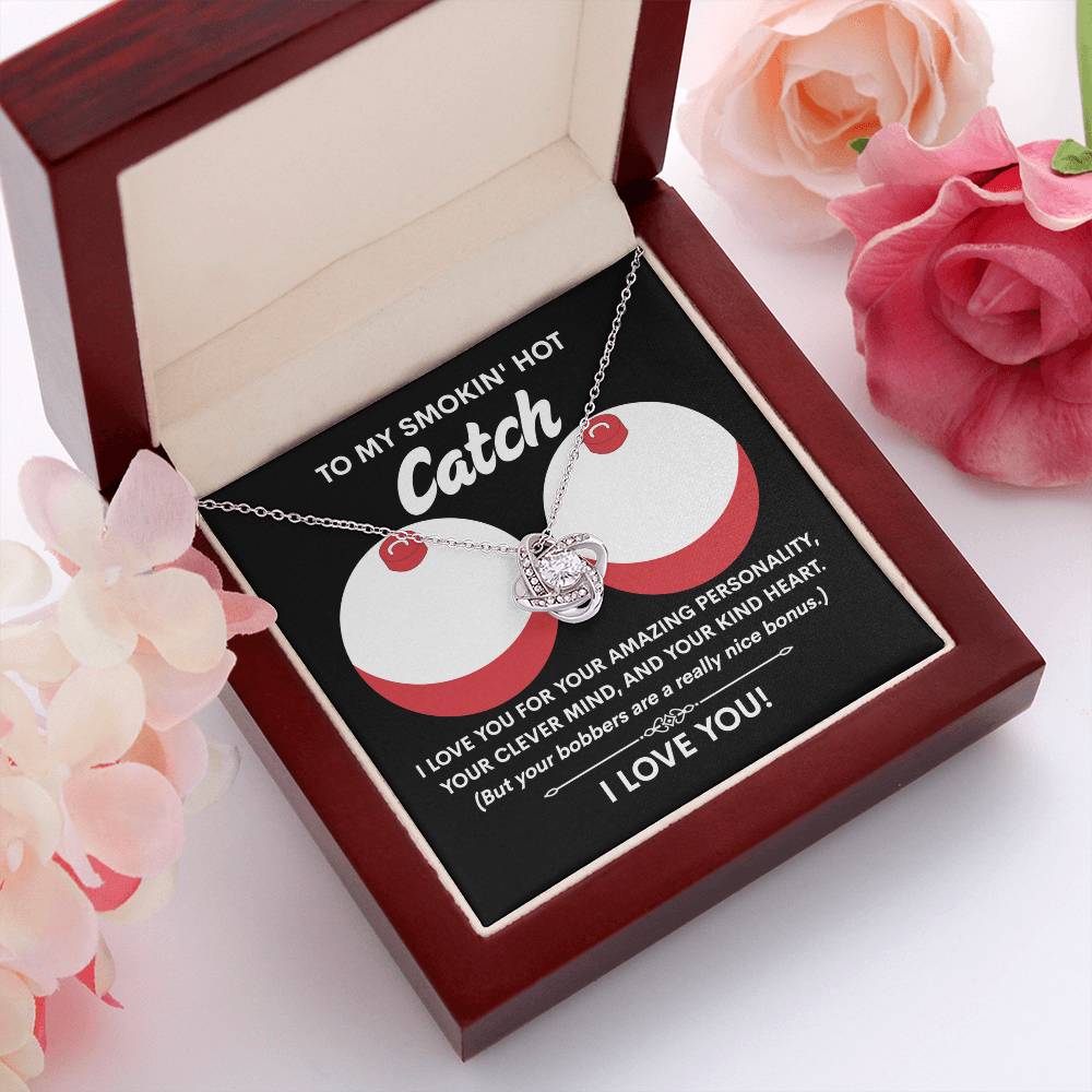 Funny & Romantic Gift for Soulmate - 'Smokin' Hot Catch' Love Knot Necklace and Message Card