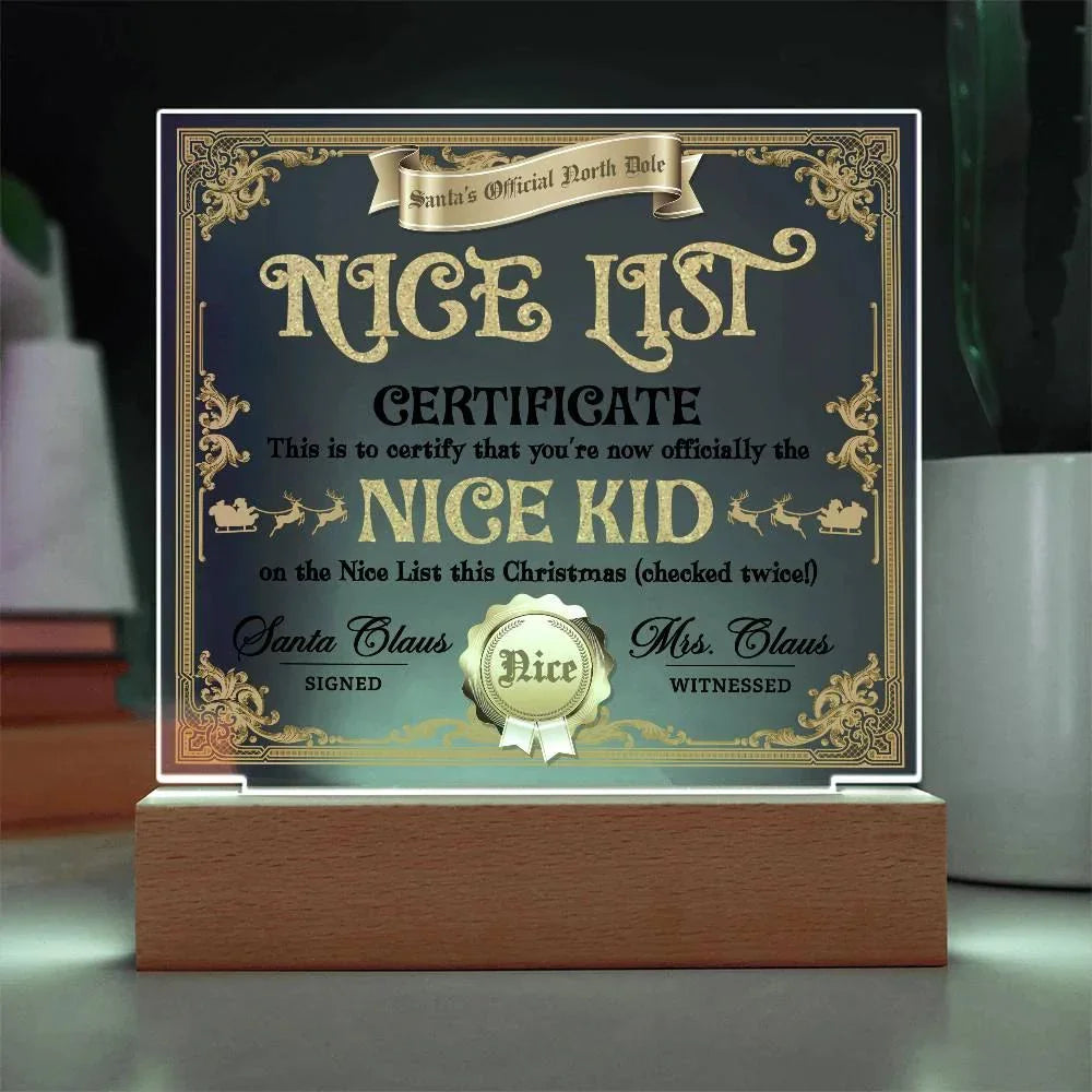 Christmas Decor - Nice Kid List Certificate Acrylic Square Plaque with LED Wooden Base
