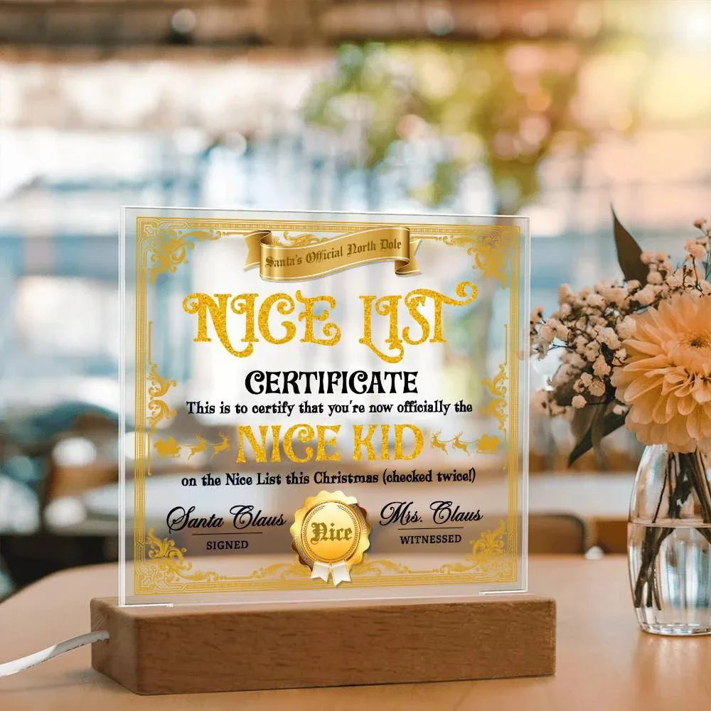 Christmas Decor - Nice Kid List Certificate Acrylic Square Plaque with LED Wooden Base