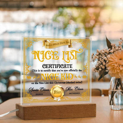 Christmas Decor - Nice Kid List Certificate Acrylic Square Plaque with LED Wooden Base - Mallard Moon Gift Shop