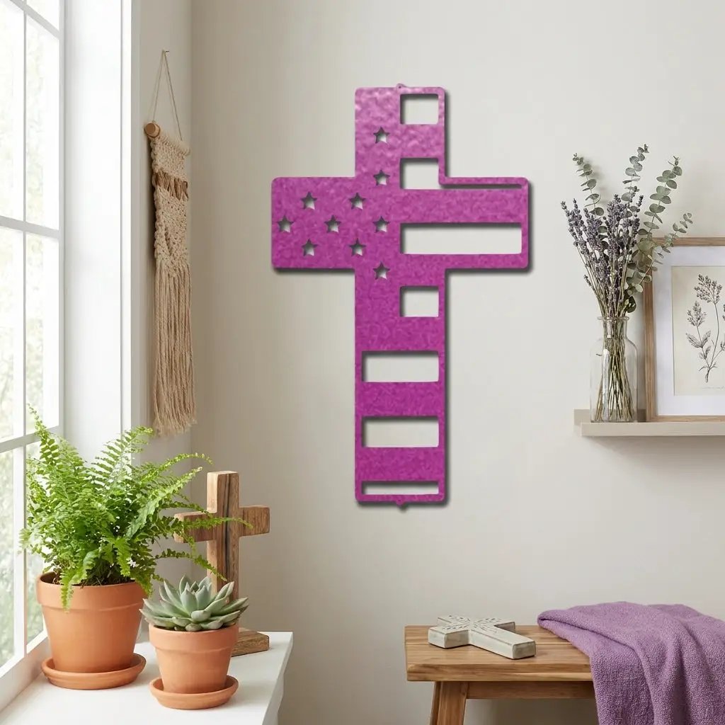 American Flag Cross Metal Wall Art – Patriotic Christian Cross Decor – USA Flag Faith Steel Sign – Veteran Tribute Wall Decor