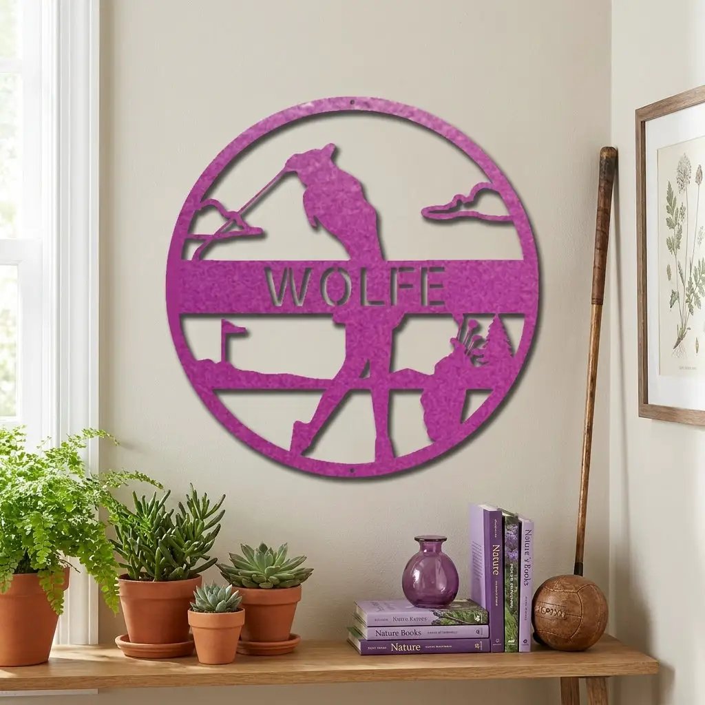 Custom Female Golfer Metal Sign – Personalized Name Wall Art – Round Golf Scene – Laser Cut Steel