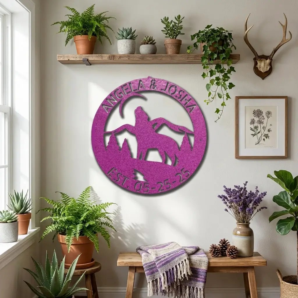 Personalized Howling Wolf Metal Wall Art Sign - Custom Name Laser Cut Decor for Home, Cabin, Lodge - Unique Rustic Wildlife Gift