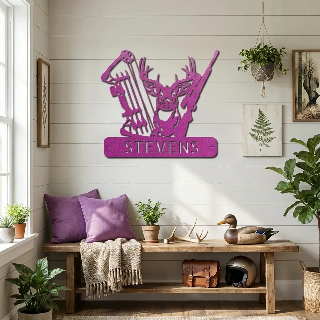 Personalized Deer Hunting Metal Wall Art Custom Hunter Name Sign Buck Head Bow Rifle Decor Rustic Cabin Hunting Gift Outdoor Wall Decor