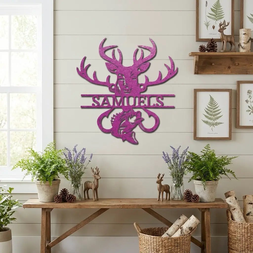 Outdoorsman Custom Metal Wall Art Deer Hunting and Bass Fishing Sign Custom Name Rustic Cabin Decor Hunter Fisherman Gift
