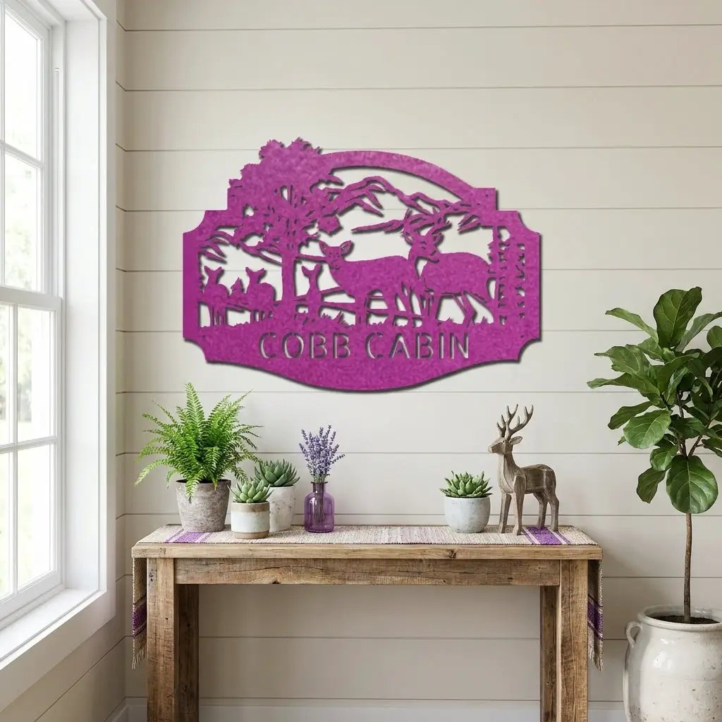 Personalized Deer Cabin Metal Wall Art – Rustic Family Name Sign – Hunting Lodge Decor – Custom Mountain Scene Steel Sign – Cabin Wall Decor Gift