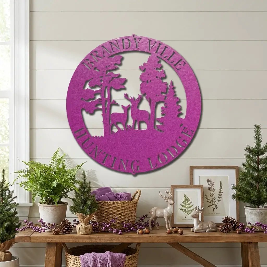 Personalized Deer Couple Metal Wall Art Custom Family Name Sign Hunting Lodge Decor Buck Doe Forest Scene Rustic Outdoor Wall Hanging