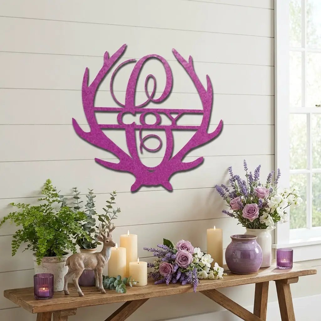 Personalized Deer Antler Family Name Metal Sign – Rustic Last Name Monogram Wall Art – Cabin Lodge Decor Gift